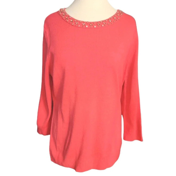 New York And Company Coral Jeweled Neckline Sweater Size Large - Picture 1 of 7